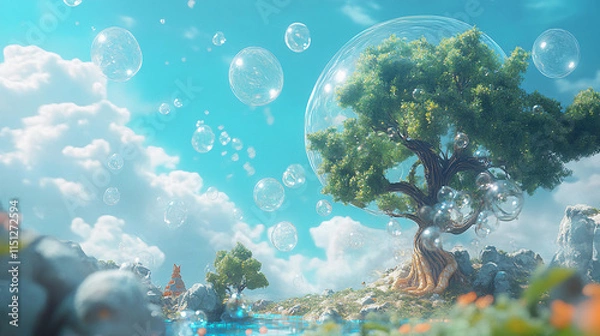 Obraz landscape with trees and clouds bubble 