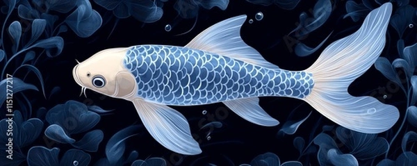 Obraz Koi fish in dark blue water, retro vintage illustration with soft gradients and detailed scales, ideal for creating serene and calming aquatic scenes