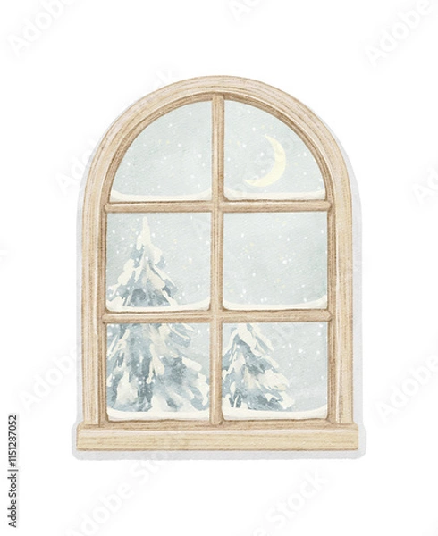 Fototapeta Classic beige arch window with winter landscape with Christmas trees, snowflakes and moon isolated on white background. Watercolor and lead pencil graphic hand drawn illustration