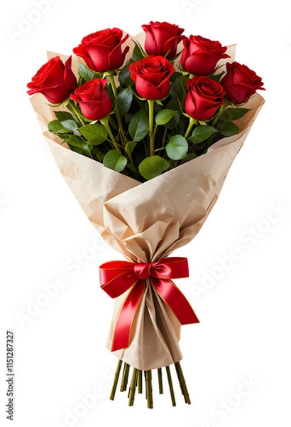Fototapeta Bouquet of red roses wrapped in beige paper with a red ribbon isolated on a transparent background, Perfect for valentine, anniversary or romantic occasions