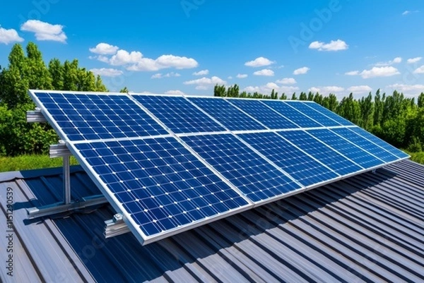 Fototapeta Rows of solar panels on a rooftop, capturing sunlight to generate clean energy for a sustainable and green way of living. Concepts: renewable energy, solar power, sustainability, green energy,