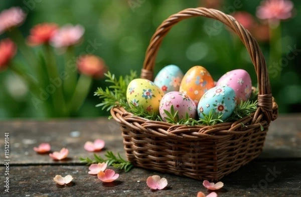 Obraz A wicker Easter basket filled with decorated eggs featuring floral patterns, on a wooden surface. Soft focus, blurred background