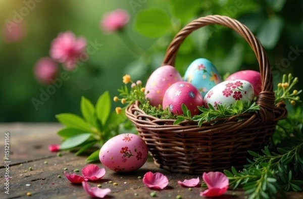 Obraz A wicker Easter basket filled with decorated eggs featuring floral patterns, on a wooden surface. Soft focus, blurred background