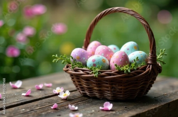 Obraz A wicker Easter basket filled with decorated eggs featuring floral patterns, on a wooden surface. Soft focus, blurred background