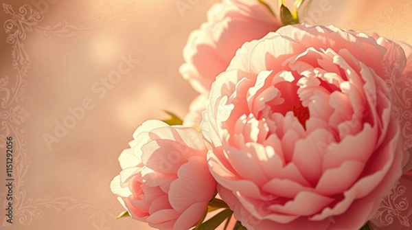 Fototapeta  Delicate white and pink peonies on a soft focal background. Perfect for wedding invitations, greeting cards and feminine designs.