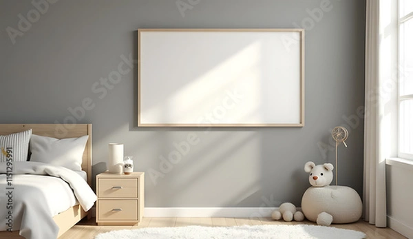 Fototapeta Empty horizontal picture frame on gray wall in modern child room. Mock up interior in scandinavian style. Free, copy space for your picture, poster. Bed, toys. Cozy room for kids. 3D rendering
