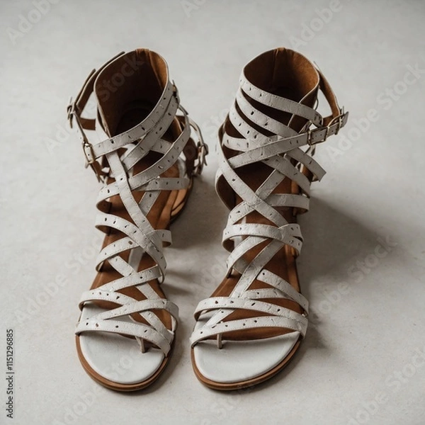 Fototapeta Strappy gladiator sandals, displayed against a white surface.
