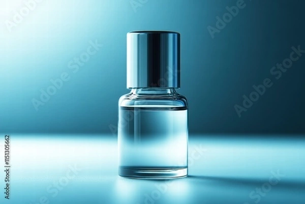 Fototapeta A sleek glass bottle filled with clear liquid no lable, illuminated against a blue backdrop, exuding a modern and elegant aesthetic.