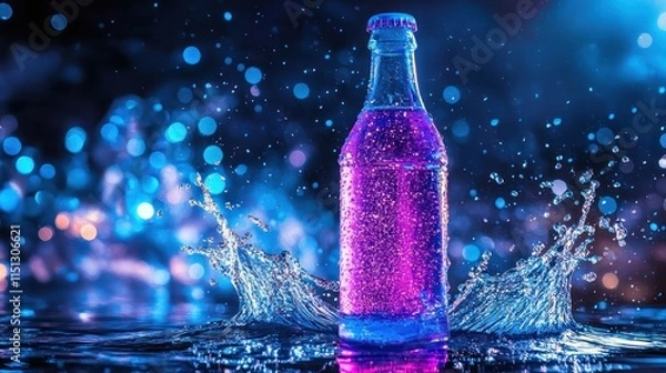Fototapeta A sparkling beverage bottle surrounded by colorful splashes.