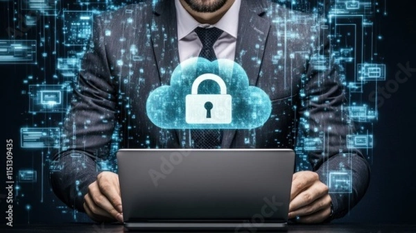 Fototapeta A businessman working on a laptop with a cloud security concept.