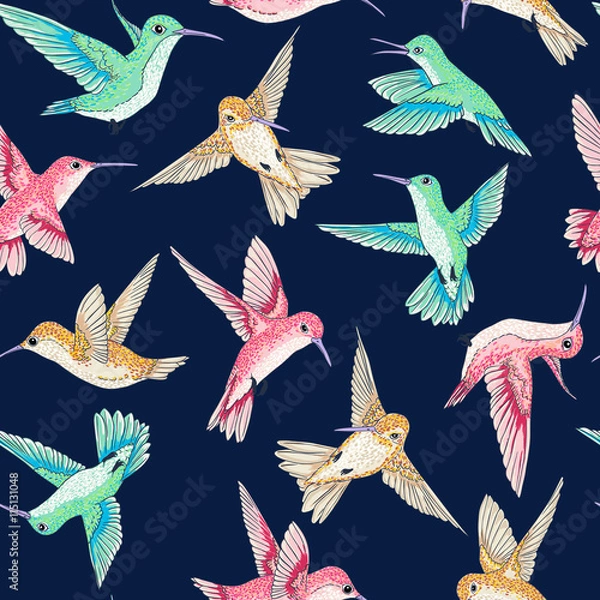 Fototapeta vector seamless flying little birds of paradise conversational pattern multi color, spring summer time, gentle romantic humming-bird, colibri background allover print design