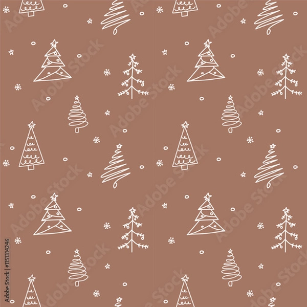 Fototapeta A seamless festive pattern with hand-drawn white Christmas trees, stars, and snowflakes on a Pantone 2025 brown background. Ideal for wrapping paper, holiday decor, and seasonal designs.