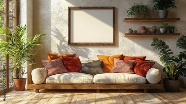 Fototapeta Contemporary living room with an empty frame on the shelf