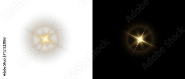 Fototapeta Png gold star light, sparkle. Yellow light effect. Shining light with yellow gold color. Png spotlight spark.Vector transparent sunlight special lens flare light effect.	
