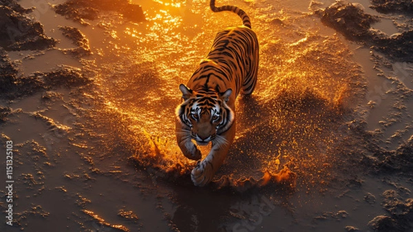 Fototapeta running tiger during sunset in a mudpool with a birds eye view 
