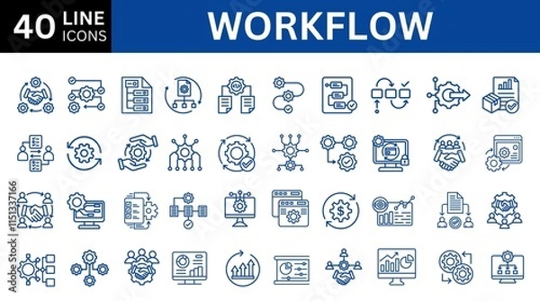 Fototapeta Set of 40 icons related to workflow, processing, operation. Outline icon collection. Editable stroke. Vector illustration.