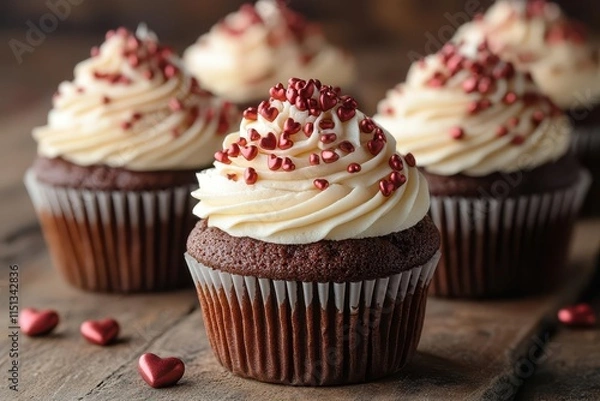 Fototapeta a delectable row of chocolate cupcakes topped with rich icing and heart-shaped sprinkles, artfully displayed against a rustic wooden backdrop, evoking sweetness