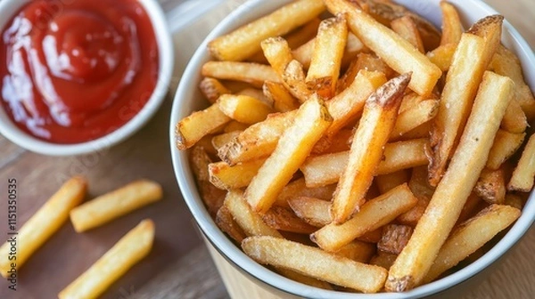 Fototapeta Air fryer French fries offer a delicious and healthier alternative to traditional fries, providing a crispy texture with less fat, making air fryer French fries a guilt free snack option.