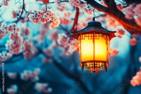 Obraz Cherry blossom tree illuminates lanterns, celebrating traditional Chinese culture. Generative AI.