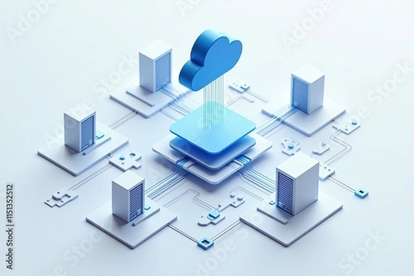 Obraz Cloud computing - A 3D illustration of a cloud computing network, showcasing data servers and interconnected devices in a minimalistic design.