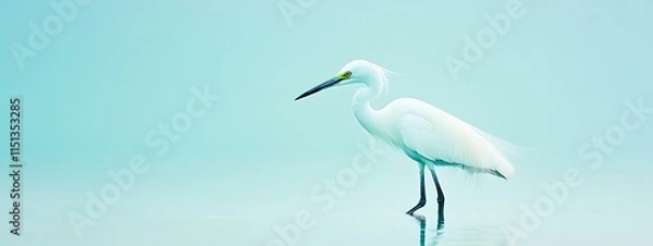 Obraz Elegant white heron in a tranquil light blue environment.