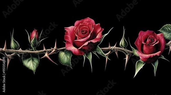 Fototapeta A rose vine with sharp, pointed thorns and rich red flowers, curling elegantly against a black background.