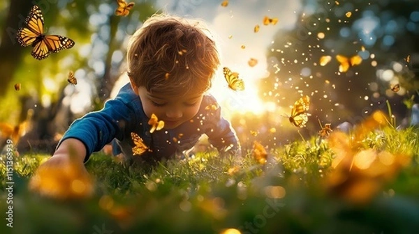 Fototapeta A child playing in a sunlit field, surrounded by butterflies, capturing a moment of joy.