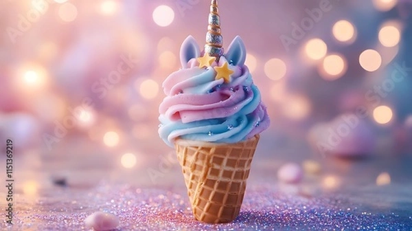 Fototapeta A high-fashion dessert shot of unicorn-themed ice cream, vibrant pastel swirls in a waffle cone adorned with edible glitter and candy stars, sugar unicorn horn gleaming,
