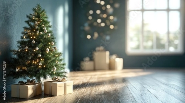 Fototapeta A Celebration of Christmas tree, Santa Claus with gift box, champagne and Beautiful Christmas holiday frame of fir branches with happy new year 2025