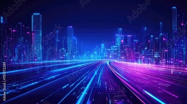 Fototapeta Digital background with glowing neon lights and data points, creating an immersive cyberpunk cityscape.