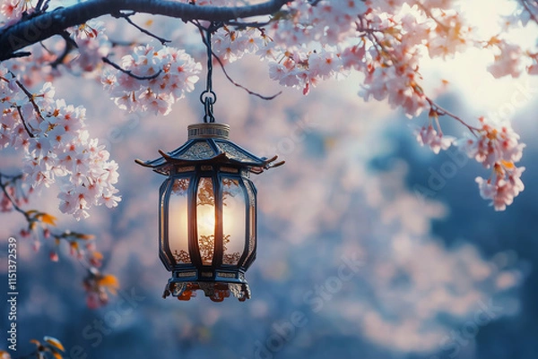 Obraz Lantern hanging from blossom tree branch. Generated AI