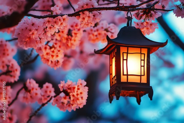 Obraz Warm glow illuminates pink cherry blossom tree. 