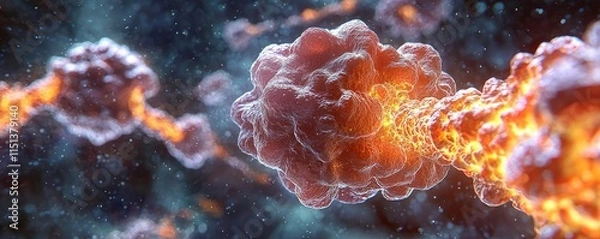 Fototapeta Epilepsy disease concept. Close-up of vibrant microscopic cells with fiery elements, showcasing dynamic interactions.