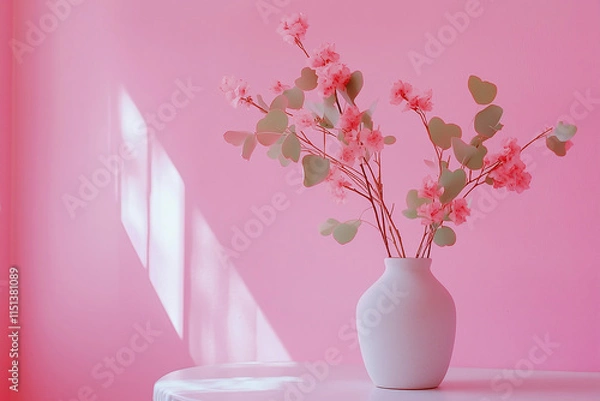 Obraz Vase with pink flowers, minimalist home decoration with pink background. AI Generated