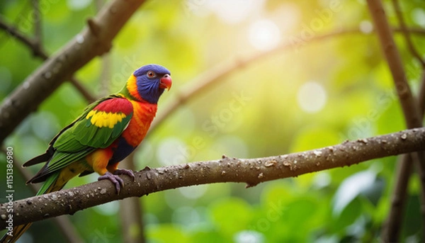 Obraz Vibrant rainbow lorikeet perched on a branch in a sunny forest.