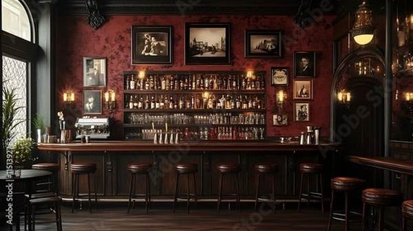 Fototapeta A vintage-inspired bar interior featuring a wall covered with sepia-toned old photographs, a dark wood bar counter, soft golden lighting from antique sconces,