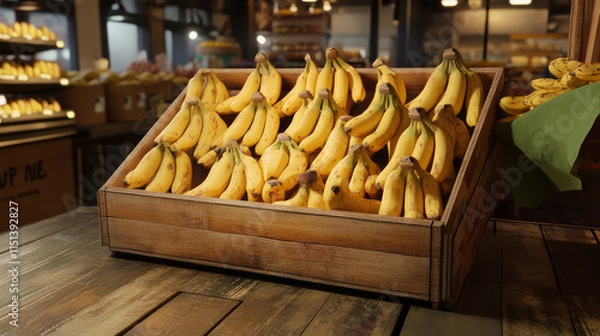 Fototapeta Fresh bananas displayed in wooden crate at grocery store, showcasing their vibrant yellow color and natural texture, inviting customers to enjoy this healthy fruit