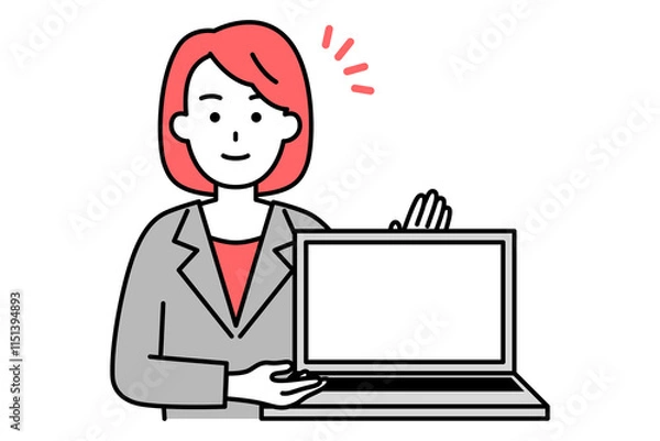 Fototapeta ノートパソコンの画面を見せて説明するスーツの女性