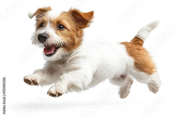 Fototapeta happy dog leaping joyfully, isolated against a clean white background, exuding energy and excitement, capturing the essence of playfulness and companionship