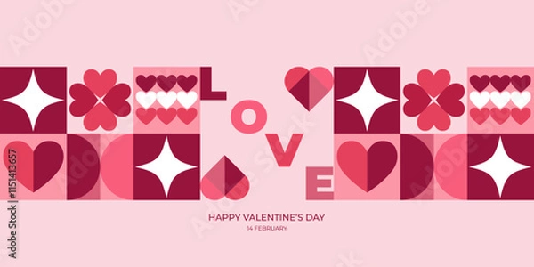 Fototapeta Valentine's Day poster in a modern geometric style. Trendy minimalist design with simple shapes. Perfect for banners, invitations, cards, covers.