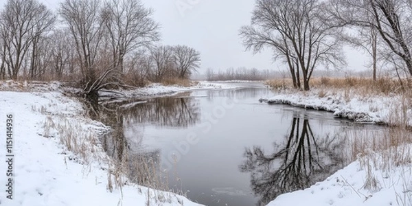 Fototapeta Winter landscape featuring a river that was once a lake, showcasing the remnants of damage caused by the dam breaking in this serene winter scene. The river reflects the stark beauty of winter.