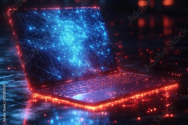 Fototapeta low poly styled abstract laptop design with a blue geometric background, featuring wireframe light connections that evoke a sense of modern technology and innovation