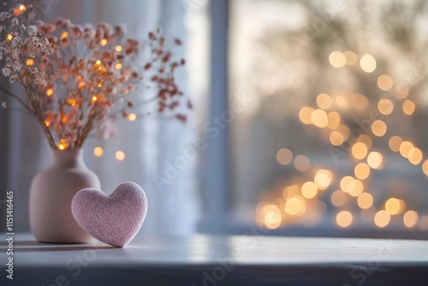 Obraz Flower in vase with glittering lights and white shape ornament on a table with lights bokeh in the background.