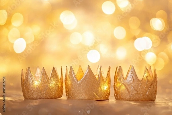 Fototapeta Three royal crowns on golden bokeh background. Happy Epiphany day.