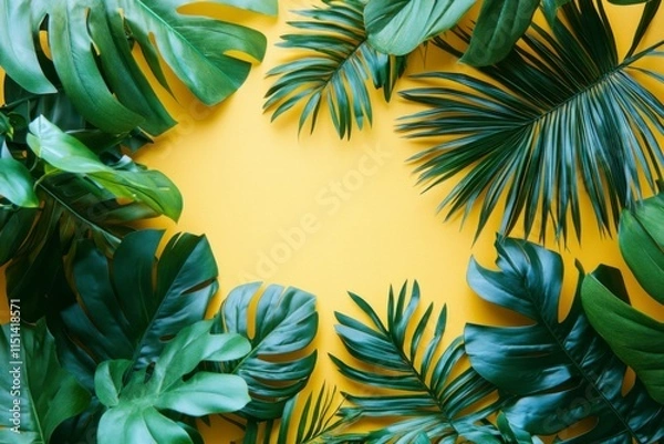 Obraz Flat green palm branches on yellow background