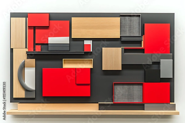 Fototapeta Abstract Geometric Wall Art with Wood and Red Panels
