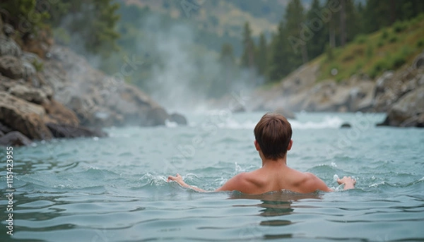 Fototapeta Traveler in a hot spring Man swimming in natural hot spring surrounded by mountains