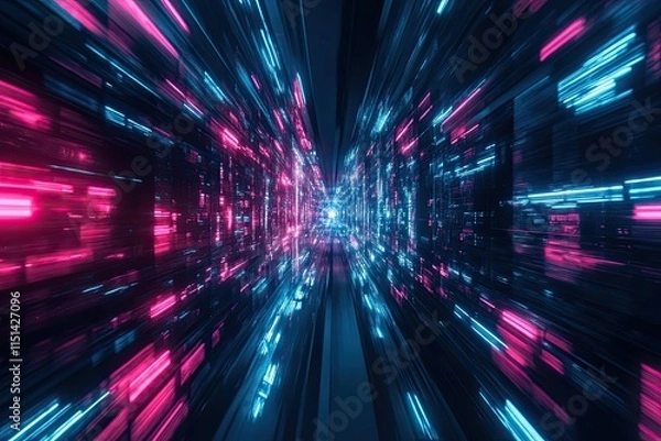 Fototapeta Futuristic data flow. Science fiction movie wallpaper. Neon glowing rays in motion