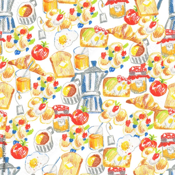 Obraz Breakfast wax crayons seamless pattern on white insulated background. Textural and food repeating pattern. Design for textiles, wrapping paper and wallpaper.