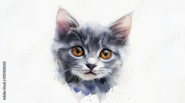 Obraz Gray Kitten Gazing Directly at the Camera Against a Watercolor Background..
